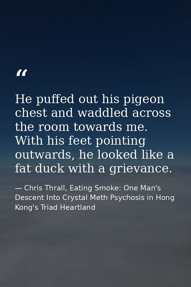 He puffed out his pigeon chest and waddled across the room towards me. With his feet pointing outwards, he looked like a — Chris Thrall, Eating Smoke: One Man's Descent Into Crystal Meth Psychosis in Hong Kong's Triad Heartland