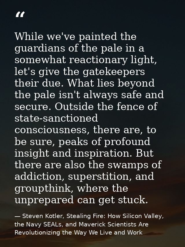 While we've painted the guardians of the pale in a somewhat reactionary light, let's give the gatekeepers their due. Wha — Steven Kotler, Stealing Fire: How Silicon Valley, the Navy SEALs, and Maverick Scientists Are Revolutionizing the Way We Live and Work
