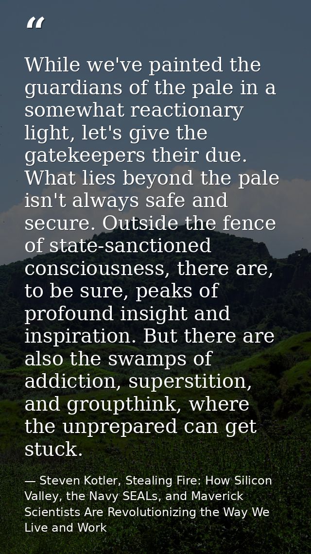 While we've painted the guardians of the pale in a somewhat reactionary light, let's give the gatekeepers their due. Wha — Steven Kotler, Stealing Fire: How Silicon Valley, the Navy SEALs, and Maverick Scientists Are Revolutionizing the Way We Live and Work