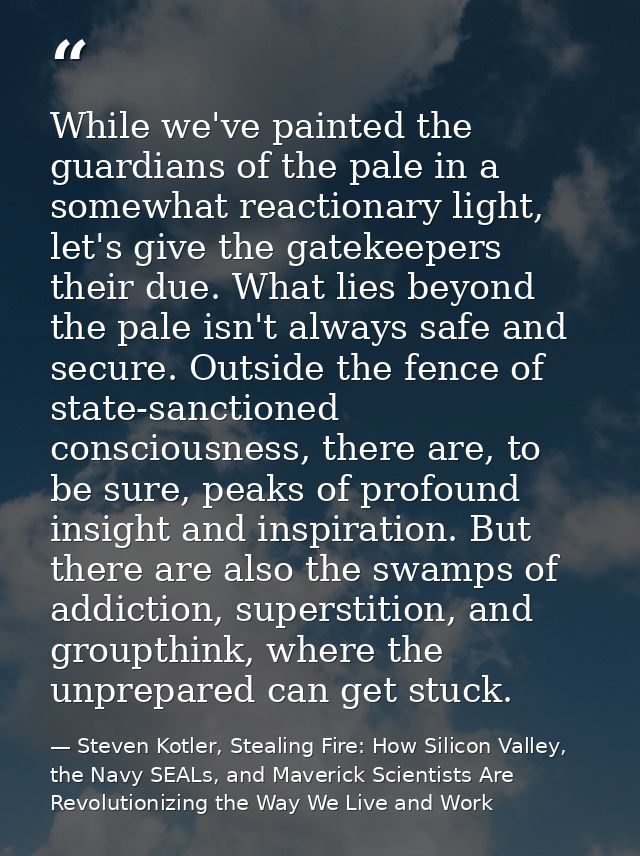While we've painted the guardians of the pale in a somewhat reactionary light, let's give the gatekeepers their due. Wha — Steven Kotler, Stealing Fire: How Silicon Valley, the Navy SEALs, and Maverick Scientists Are Revolutionizing the Way We Live and Work