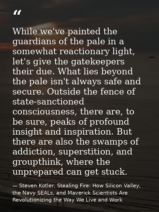 While we've painted the guardians of the pale in a somewhat reactionary light, let's give the gatekeepers their due. Wha — Steven Kotler, Stealing Fire: How Silicon Valley, the Navy SEALs, and Maverick Scientists Are Revolutionizing the Way We Live and Work