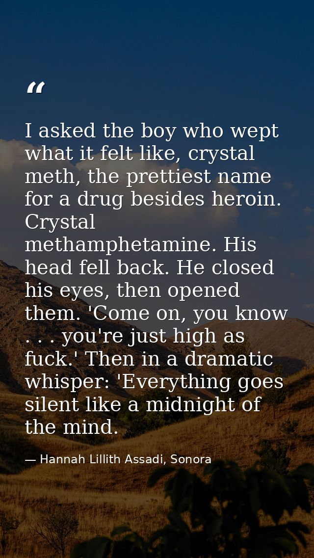 I asked the boy who wept what it felt like, crystal meth, the prettiest name for a drug besides heroin. Crystal methamph — Hannah Lillith Assadi, Sonora