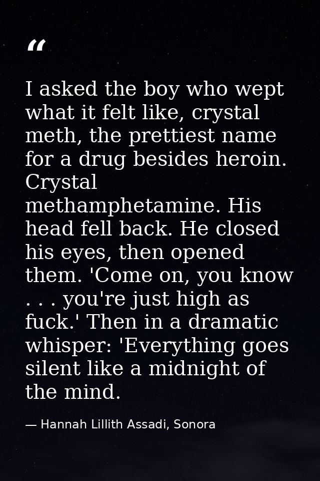 I asked the boy who wept what it felt like, crystal meth, the prettiest name for a drug besides heroin. Crystal methamph — Hannah Lillith Assadi, Sonora
