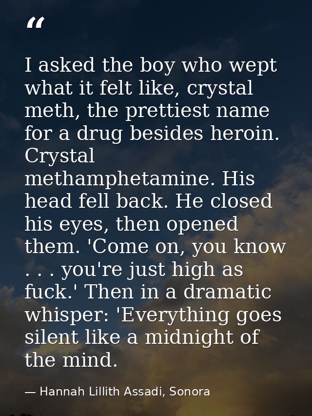 I asked the boy who wept what it felt like, crystal meth, the prettiest name for a drug besides heroin. Crystal methamph — Hannah Lillith Assadi, Sonora