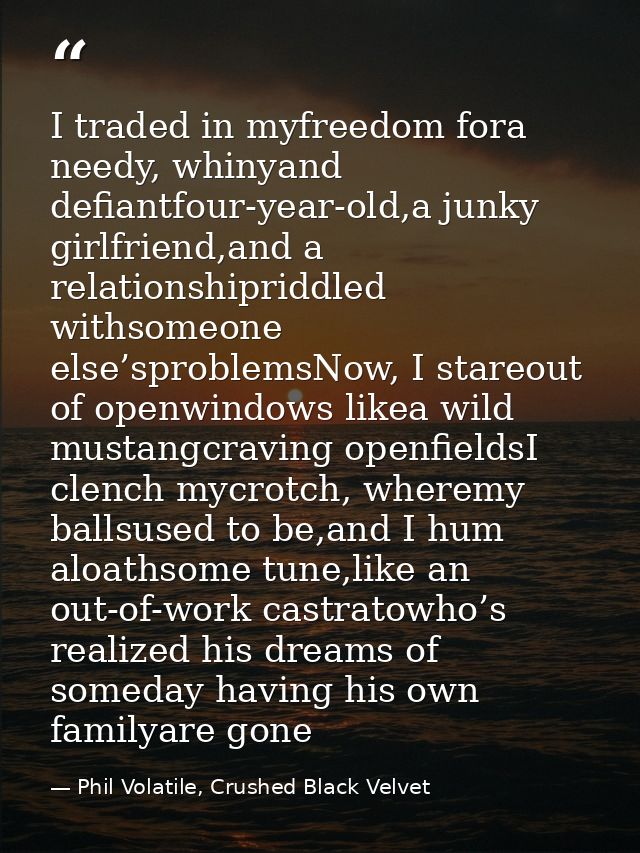 I traded in myfreedom fora needy, whinyand defiantfour-year-old,a junky girlfriend,and a relationshipriddled withsomeone — Phil Volatile, Crushed Black Velvet