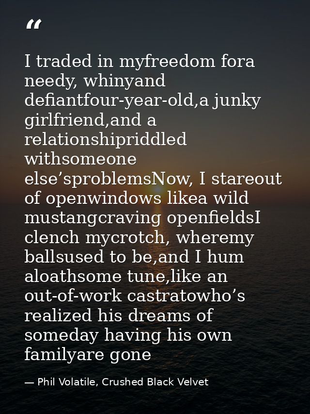 I traded in myfreedom fora needy, whinyand defiantfour-year-old,a junky girlfriend,and a relationshipriddled withsomeone — Phil Volatile, Crushed Black Velvet