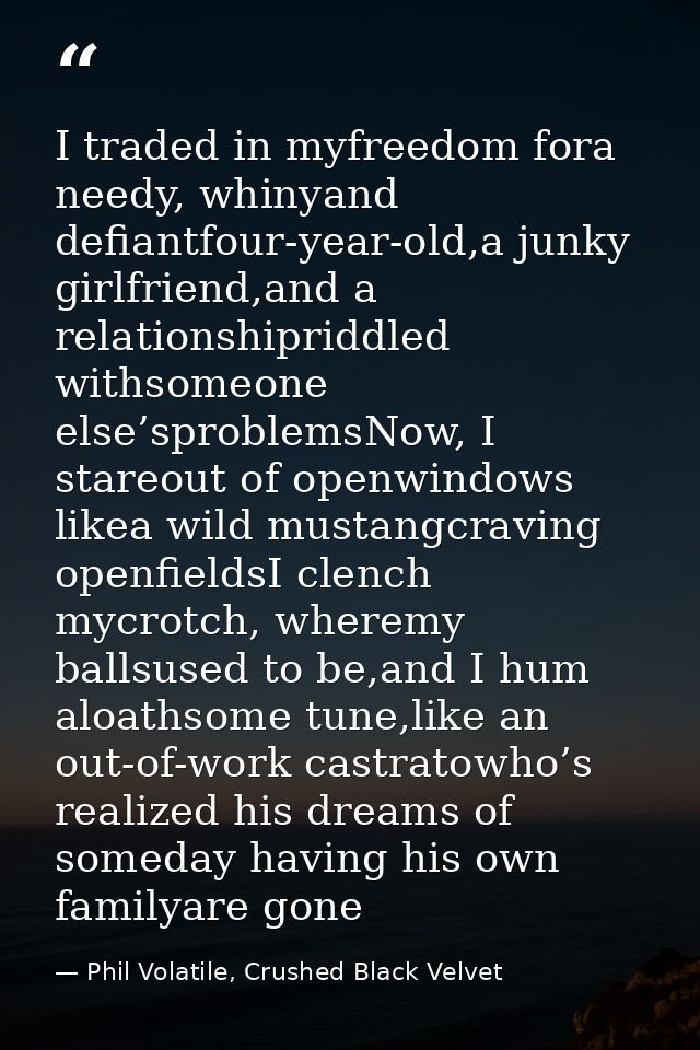I traded in myfreedom fora needy, whinyand defiantfour-year-old,a junky girlfriend,and a relationshipriddled withsomeone — Phil Volatile, Crushed Black Velvet