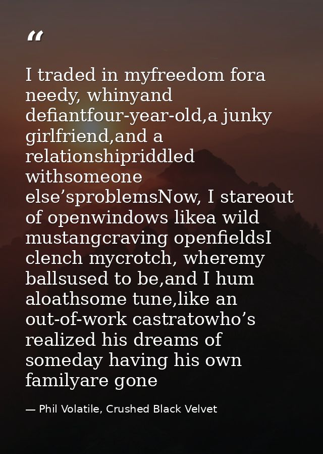 I traded in myfreedom fora needy, whinyand defiantfour-year-old,a junky girlfriend,and a relationshipriddled withsomeone — Phil Volatile, Crushed Black Velvet