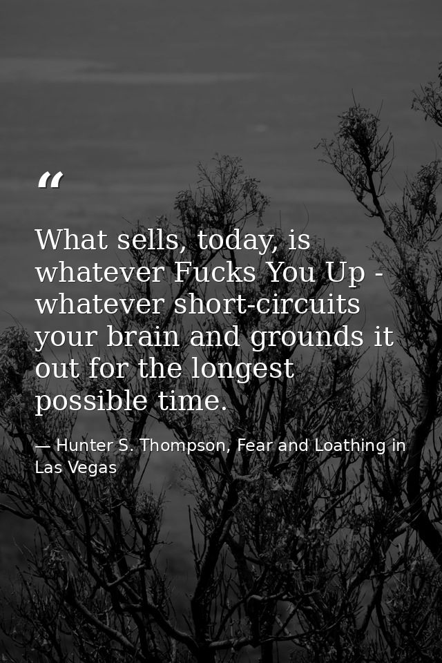 What sells, today, is whatever Fucks You Up - whatever short-circuits your brain and grounds it out for the longest poss — Hunter S. Thompson, Fear and Loathing in Las Vegas