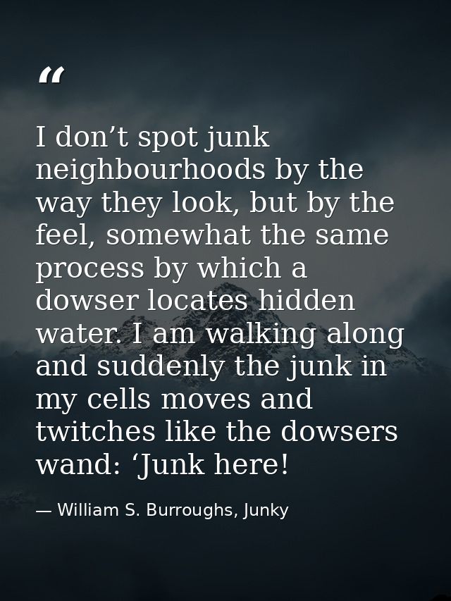 I don’t spot junk neighbourhoods by the way they look, but by the feel, somewhat the same process by which a dowser loca — William S. Burroughs, Junky