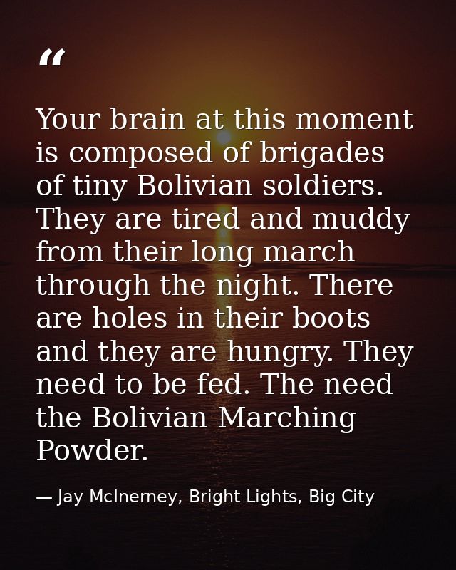 Your brain at this moment is composed of brigades of tiny Bolivian soldiers. They are tired and muddy from their long ma — Jay McInerney, Bright Lights, Big City