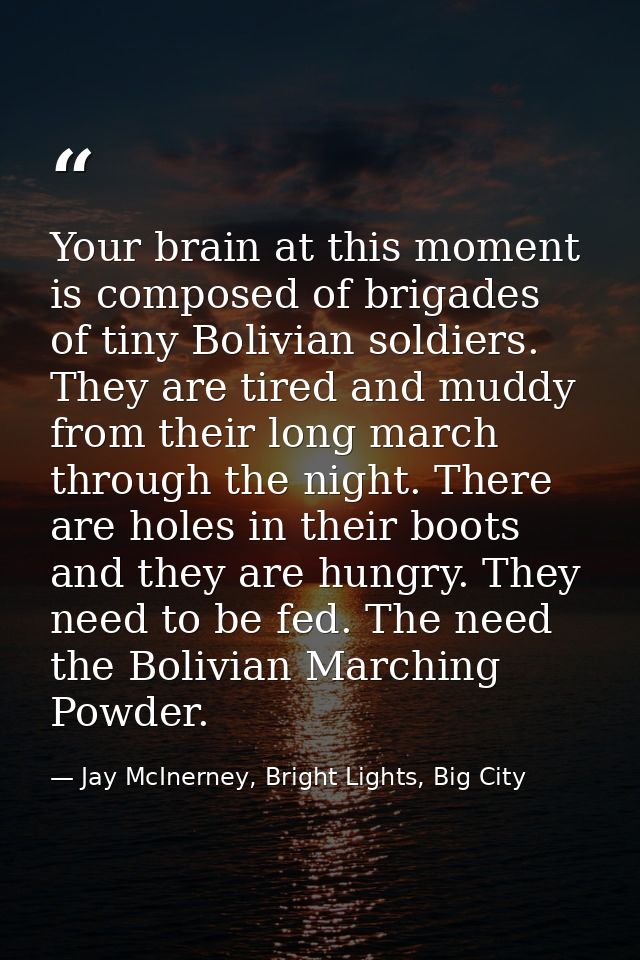 Your brain at this moment is composed of brigades of tiny Bolivian soldiers. They are tired and muddy from their long ma — Jay McInerney, Bright Lights, Big City