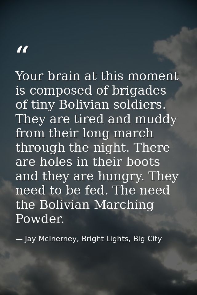 Your brain at this moment is composed of brigades of tiny Bolivian soldiers. They are tired and muddy from their long ma — Jay McInerney, Bright Lights, Big City
