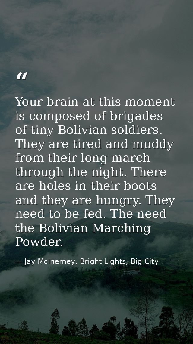 Your brain at this moment is composed of brigades of tiny Bolivian soldiers. They are tired and muddy from their long ma — Jay McInerney, Bright Lights, Big City