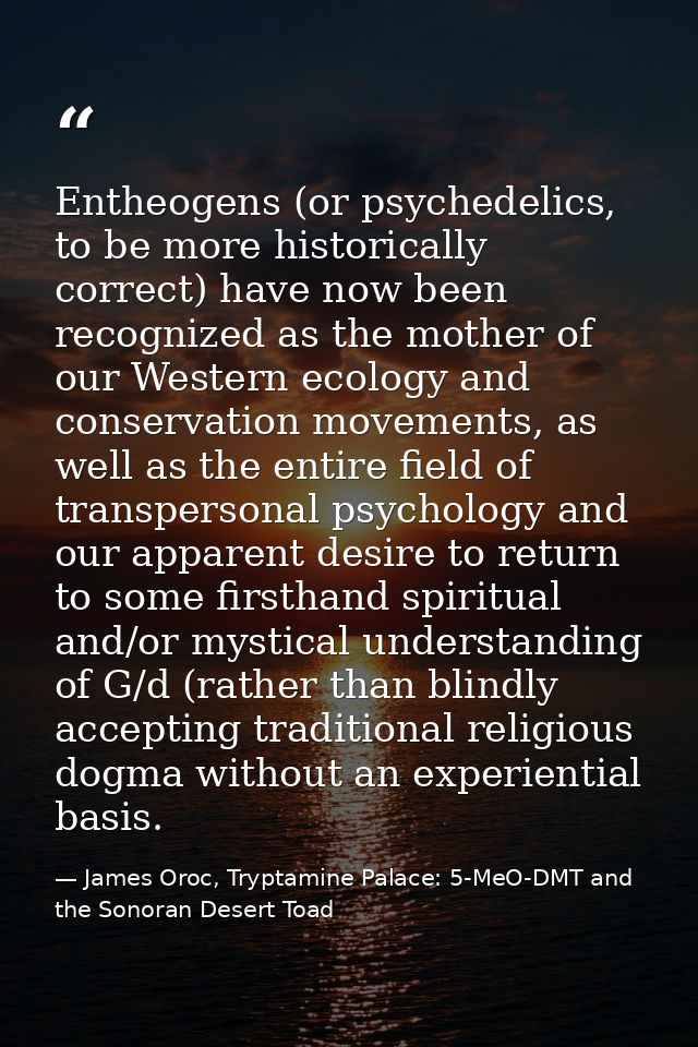 Entheogens (or psychedelics, to be more historically correct) have now been recognized as the mother of our Western ecol — James Oroc, Tryptamine Palace: 5-MeO-DMT and the Sonoran Desert Toad