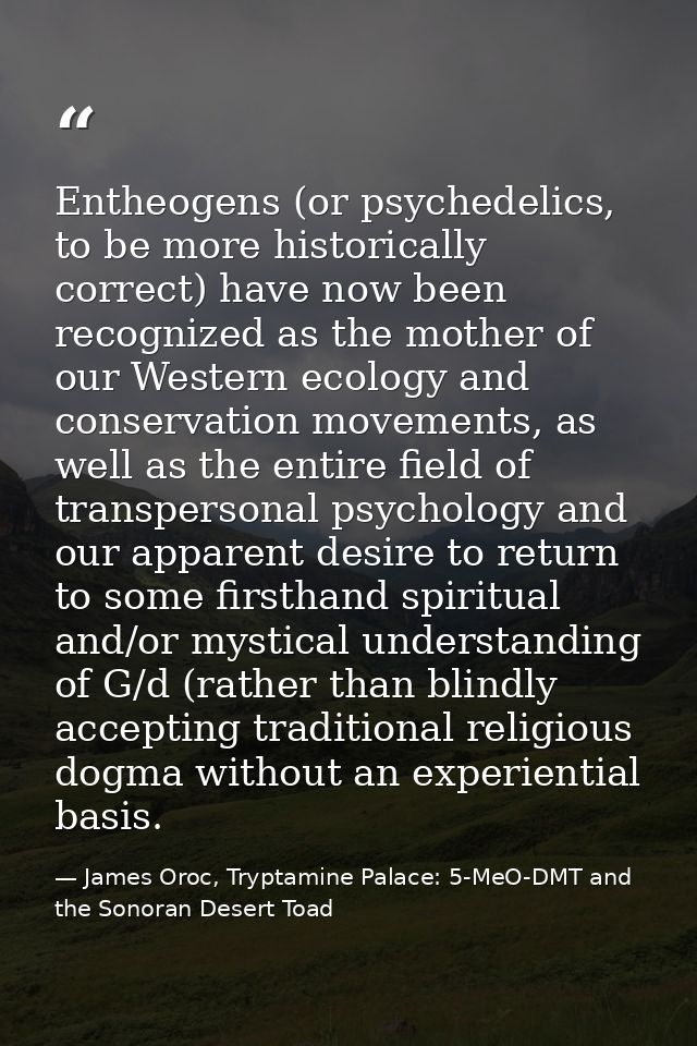 Entheogens (or psychedelics, to be more historically correct) have now been recognized as the mother of our Western ecol — James Oroc, Tryptamine Palace: 5-MeO-DMT and the Sonoran Desert Toad