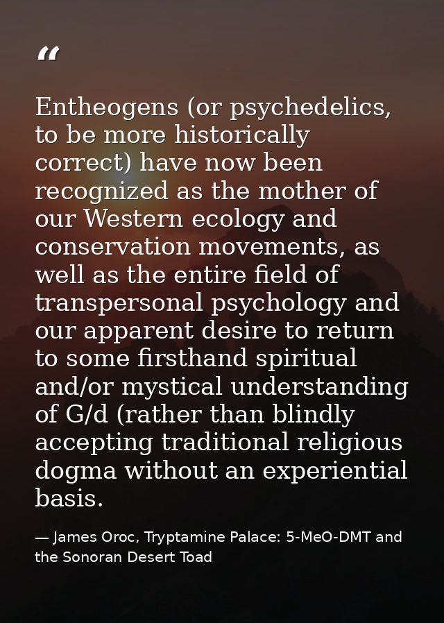 Entheogens (or psychedelics, to be more historically correct) have now been recognized as the mother of our Western ecol — James Oroc, Tryptamine Palace: 5-MeO-DMT and the Sonoran Desert Toad