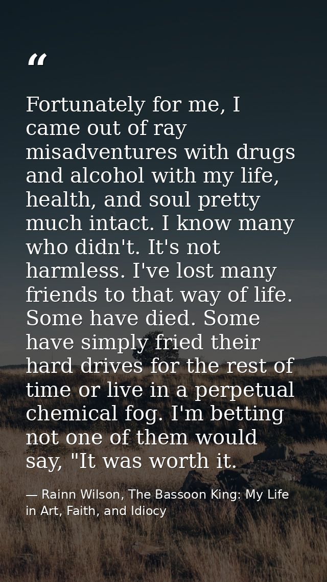 Fortunately for me, I came out of ray misadventures with drugs and alcohol with my life, health, and soul pretty much in — Rainn Wilson, The Bassoon King: My Life in Art, Faith, and Idiocy