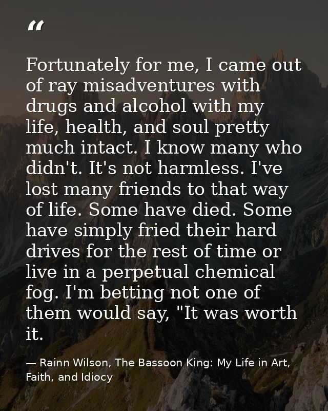 Fortunately for me, I came out of ray misadventures with drugs and alcohol with my life, health, and soul pretty much in — Rainn Wilson, The Bassoon King: My Life in Art, Faith, and Idiocy