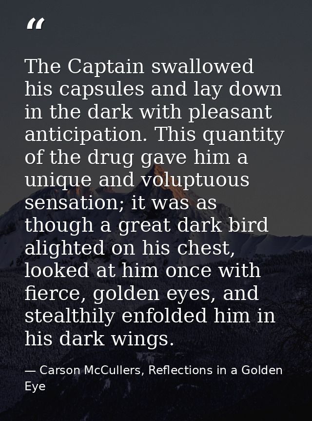 The Captain swallowed his capsules and lay down in the dark with pleasant anticipation. This quantity of the drug gave h — Carson McCullers, Reflections in a Golden Eye