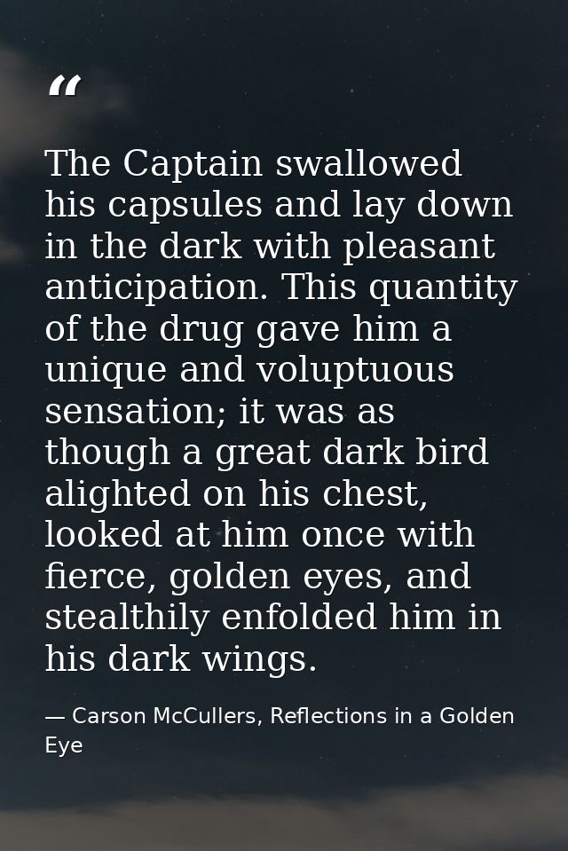 The Captain swallowed his capsules and lay down in the dark with pleasant anticipation. This quantity of the drug gave h — Carson McCullers, Reflections in a Golden Eye