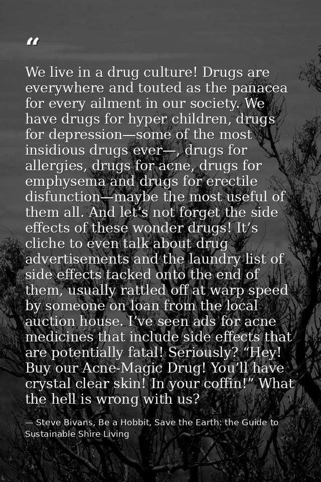 We live in a drug culture! Drugs are everywhere and touted as the panacea for every ailment in our society. We have drug — Steve Bivans, Be a Hobbit, Save the Earth: the Guide to Sustainable Shire Living