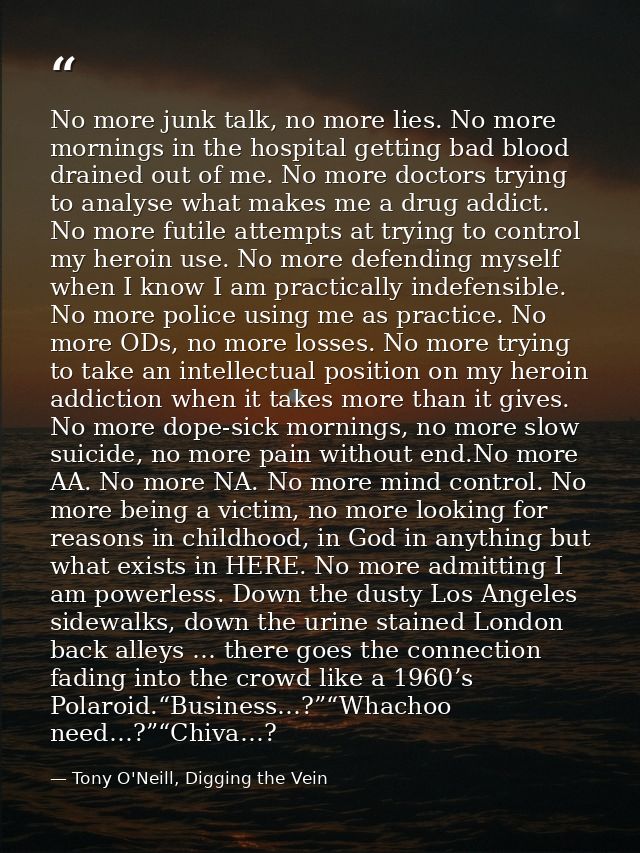 No more junk talk, no more lies. No more mornings in the hospital getting bad blood drained out of me. No more doctors t — Tony O'Neill, Digging the Vein