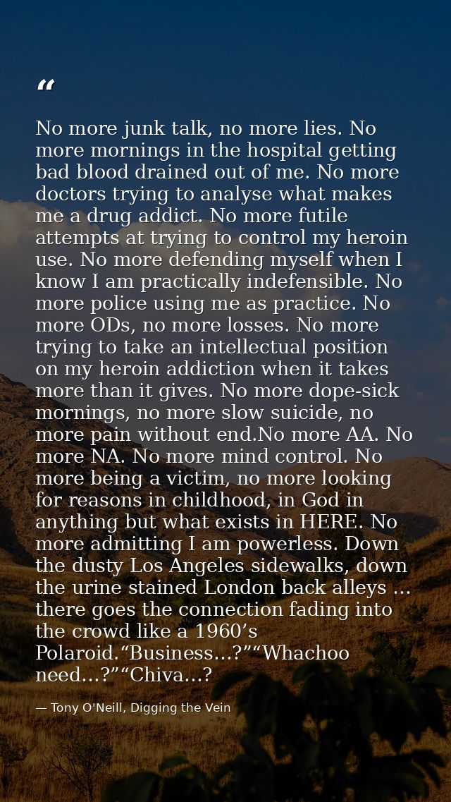No more junk talk, no more lies. No more mornings in the hospital getting bad blood drained out of me. No more doctors t — Tony O'Neill, Digging the Vein