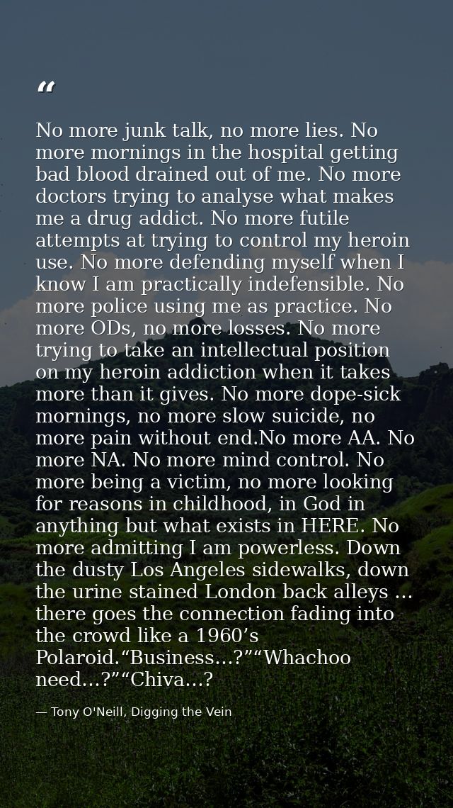 No more junk talk, no more lies. No more mornings in the hospital getting bad blood drained out of me. No more doctors t — Tony O'Neill, Digging the Vein