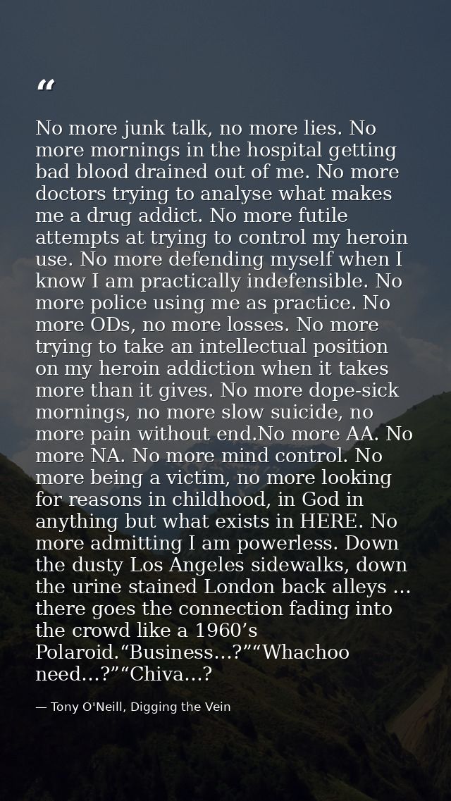 No more junk talk, no more lies. No more mornings in the hospital getting bad blood drained out of me. No more doctors t — Tony O'Neill, Digging the Vein