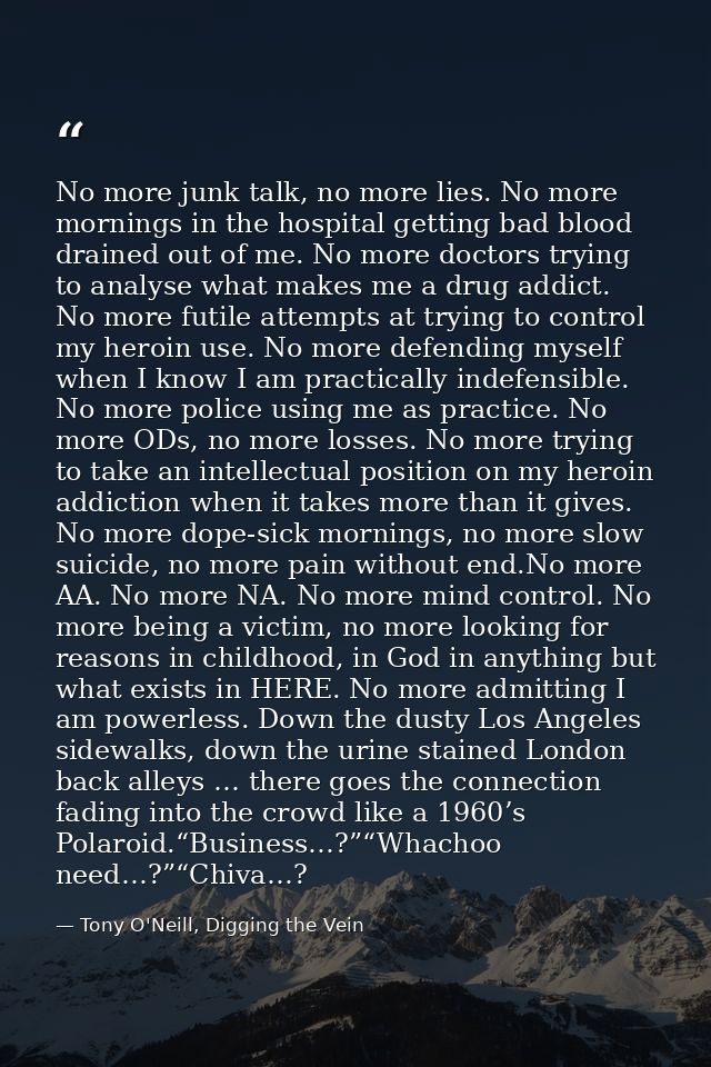 No more junk talk, no more lies. No more mornings in the hospital getting bad blood drained out of me. No more doctors t — Tony O'Neill, Digging the Vein