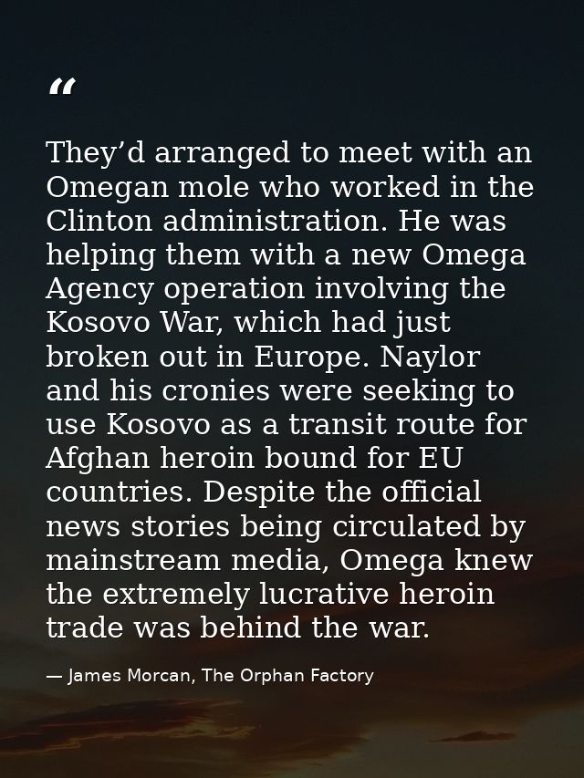 They’d arranged to meet with an Omegan mole who worked in the Clinton administration. He was helping them with a new Ome — James Morcan, The Orphan Factory