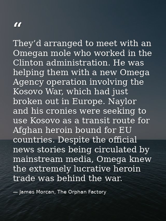 They’d arranged to meet with an Omegan mole who worked in the Clinton administration. He was helping them with a new Ome — James Morcan, The Orphan Factory
