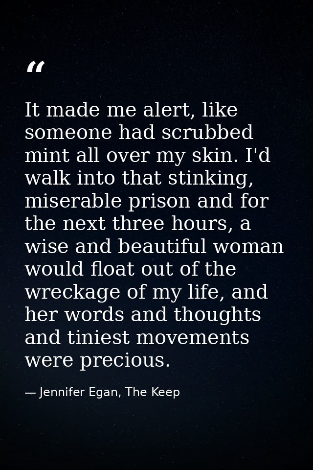 It made me alert, like someone had scrubbed mint all over my skin. I'd walk into that stinking, miserable prison and for — Jennifer Egan, The Keep