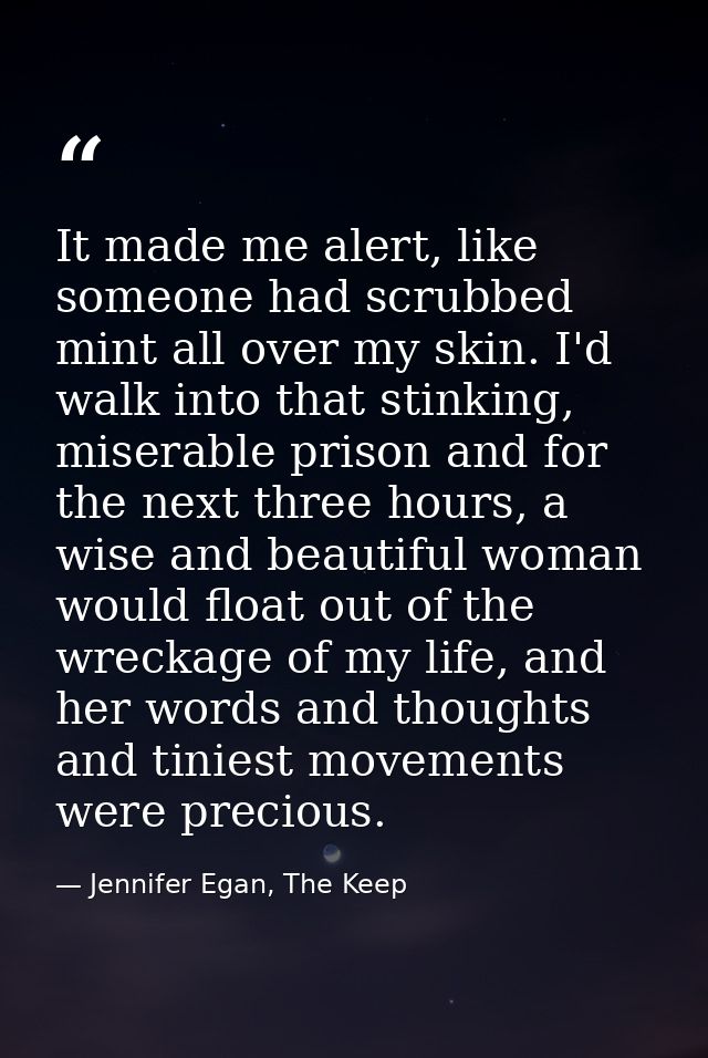 It made me alert, like someone had scrubbed mint all over my skin. I'd walk into that stinking, miserable prison and for — Jennifer Egan, The Keep