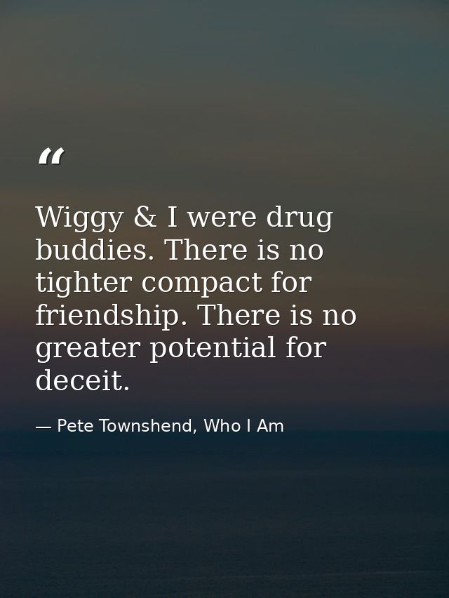 Wiggy & I were drug buddies. There is no tighter compact for friendship. There is no greater potential for deceit. — Pete Townshend, Who I Am