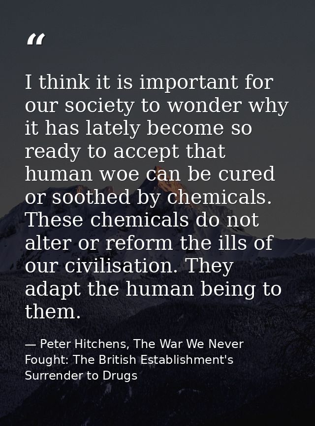 I think it is important for our society to wonder why it has lately become so ready to accept that human woe can be cure — Peter Hitchens, The War We Never Fought: The British Establishment's Surrender to Drugs