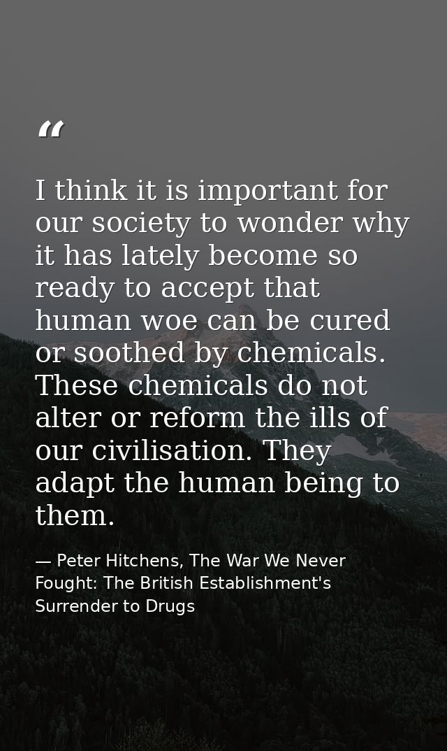 I think it is important for our society to wonder why it has lately become so ready to accept that human woe can be cure — Peter Hitchens, The War We Never Fought: The British Establishment's Surrender to Drugs