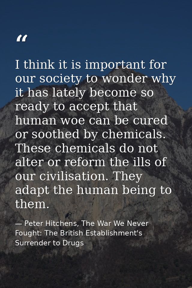 I think it is important for our society to wonder why it has lately become so ready to accept that human woe can be cure — Peter Hitchens, The War We Never Fought: The British Establishment's Surrender to Drugs