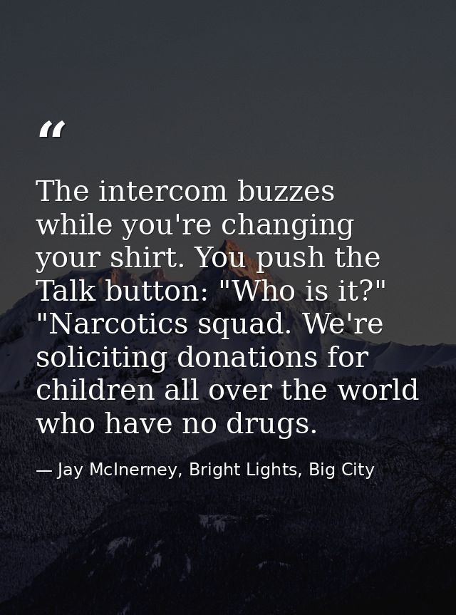 The intercom buzzes while you're changing your shirt. You push the Talk button: "Who is it?" "Narcotics squad. We're sol — Jay McInerney, Bright Lights, Big City