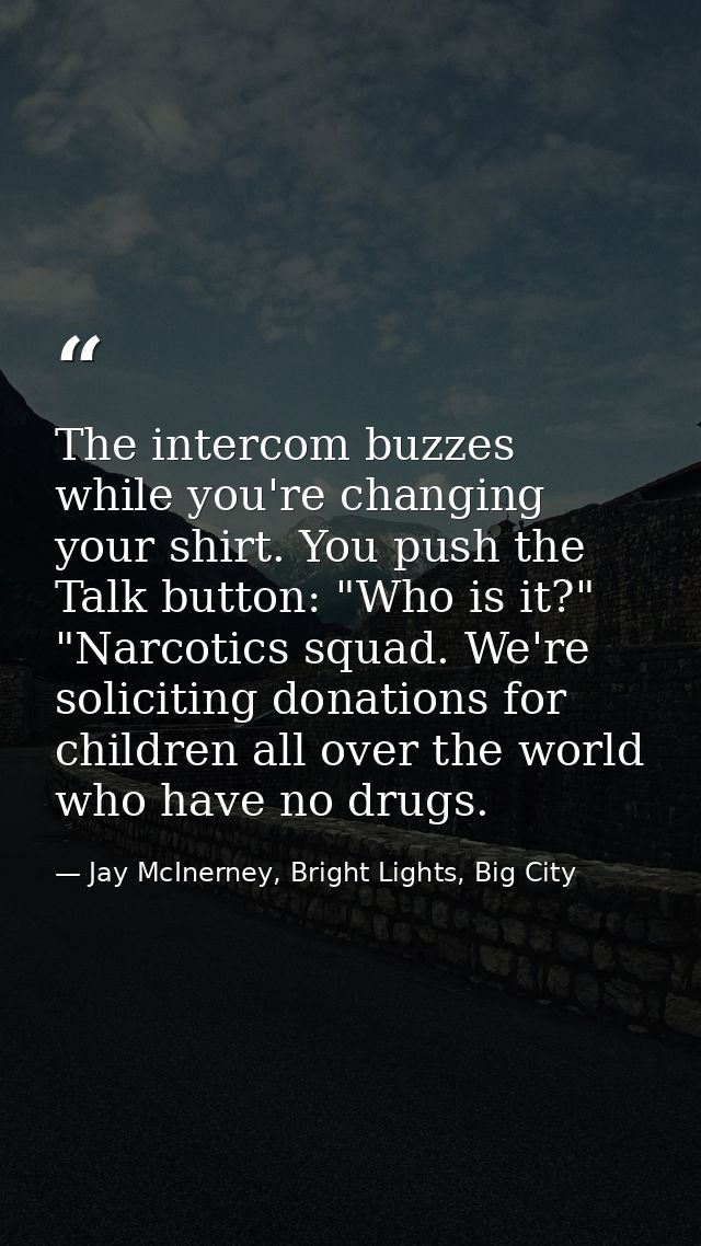 The intercom buzzes while you're changing your shirt. You push the Talk button: "Who is it?" "Narcotics squad. We're sol — Jay McInerney, Bright Lights, Big City