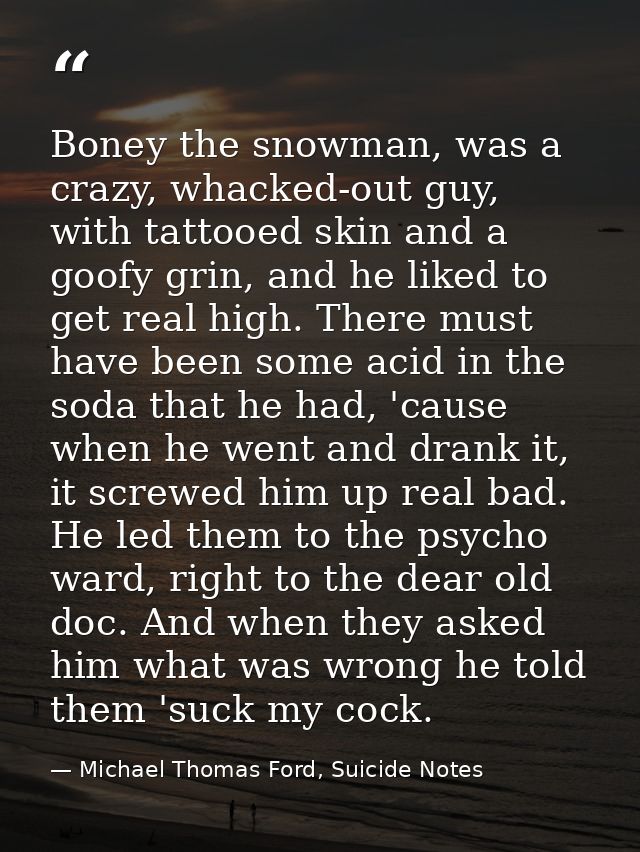 Boney the snowman, was a crazy, whacked-out guy, with tattooed skin and a goofy grin, and he liked to get real high. The — Michael Thomas Ford, Suicide Notes