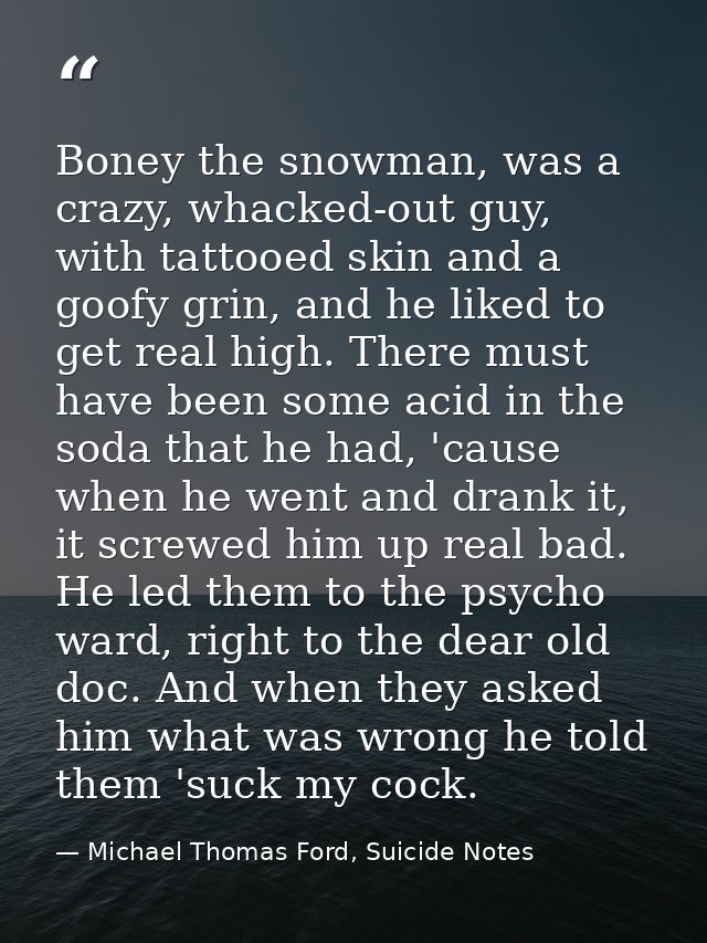 Boney the snowman, was a crazy, whacked-out guy, with tattooed skin and a goofy grin, and he liked to get real high. The — Michael Thomas Ford, Suicide Notes