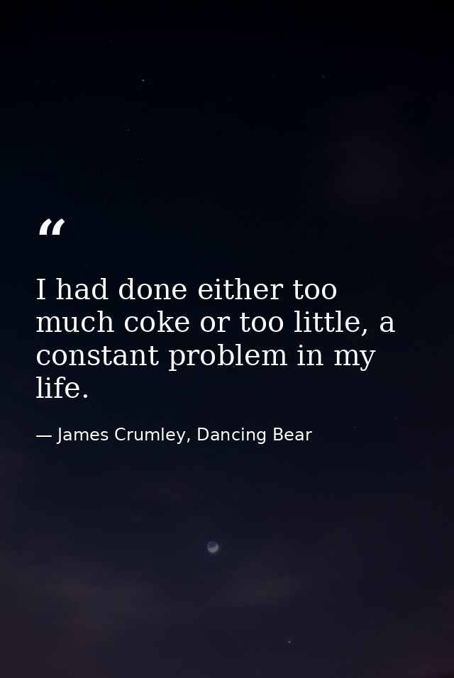 I had done either too much coke or too little, a constant problem in my life. — James Crumley, Dancing Bear