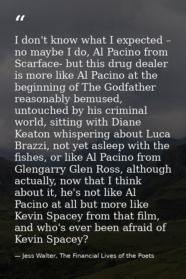 I don't know what I expected – no maybe I do, Al Pacino from Scarface- but this drug dealer is more like Al Pacino at th — Jess Walter, The Financial Lives of the Poets