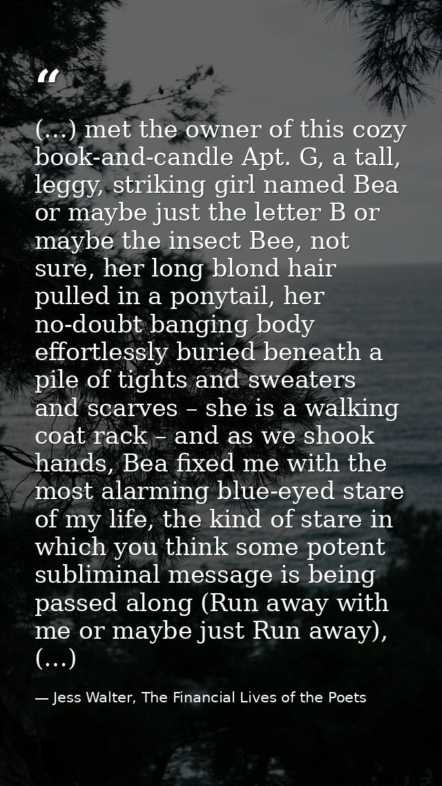 (…) met the owner of this cozy book-and-candle Apt. G, a tall, leggy, striking girl named Bea or maybe just the letter B — Jess Walter, The Financial Lives of the Poets
