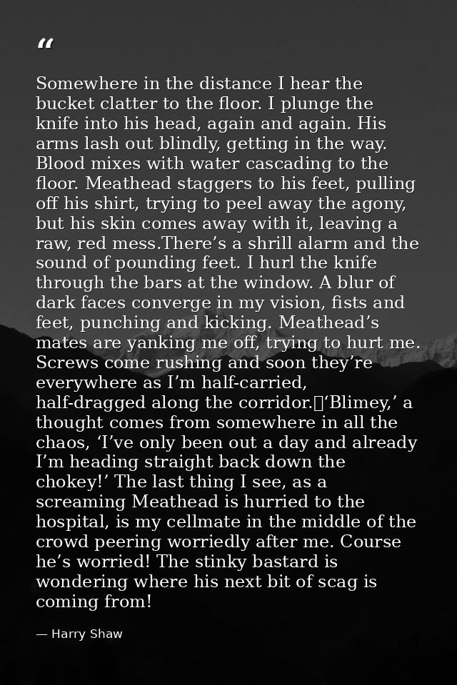 Somewhere in the distance I hear the bucket clatter to the floor. I plunge the knife into his head, again and again. His — Harry Shaw