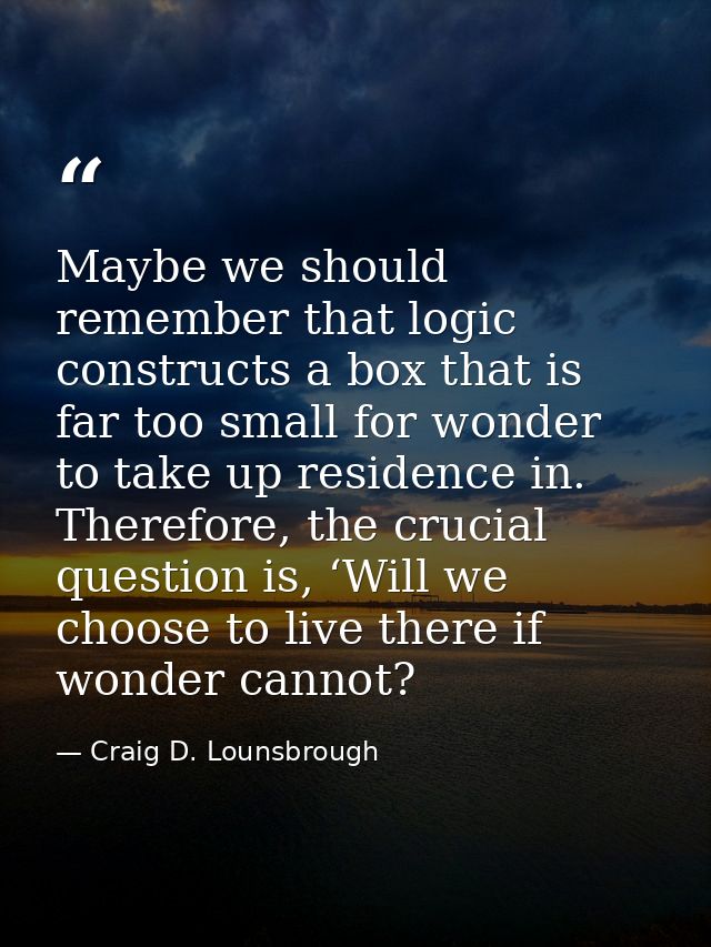 Maybe we should remember that logic constructs a box that is far too small for wonder to take up residence in. Therefore — Craig D. Lounsbrough