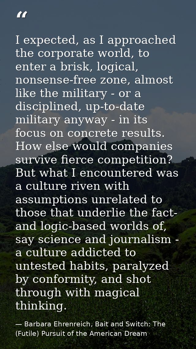 I expected, as I approached the corporate world, to enter a brisk, logical, nonsense-free zone, almost like the military — Barbara Ehrenreich, Bait and Switch: The (Futile) Pursuit of the American Dream