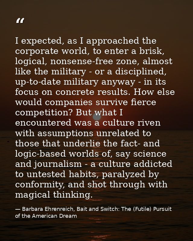 I expected, as I approached the corporate world, to enter a brisk, logical, nonsense-free zone, almost like the military — Barbara Ehrenreich, Bait and Switch: The (Futile) Pursuit of the American Dream